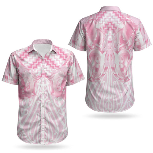 Aotearoa Kowhaiwhai Poutama Pink Motif Couples Matching Off Shoulder Short Dress and Hawaiian Shirt