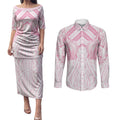 Aotearoa Kowhaiwhai Poutama Pink Motif Couples Matching Puletasi and Long Sleeve Button Shirt