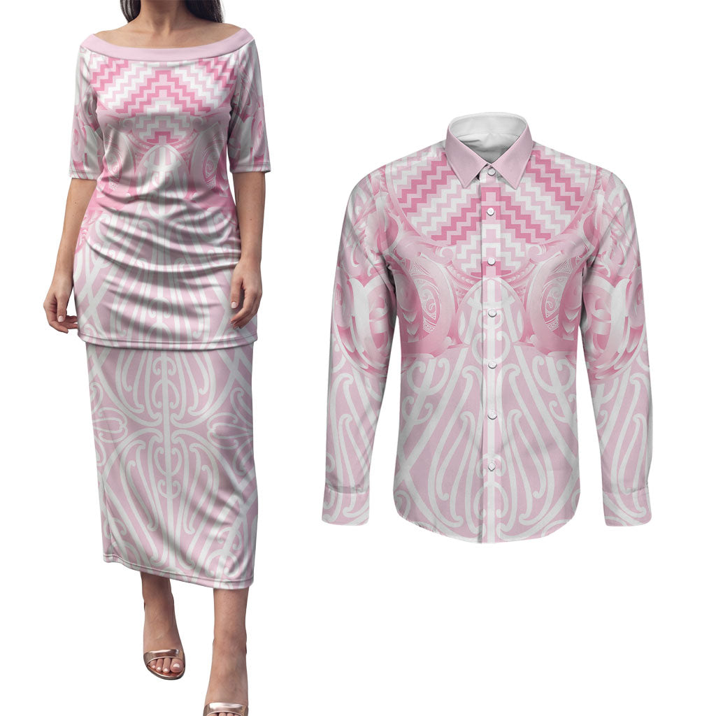 Aotearoa Kowhaiwhai Poutama Pink Motif Couples Matching Puletasi and Long Sleeve Button Shirt