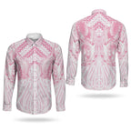 Aotearoa Kowhaiwhai Poutama Pink Motif Couples Matching Puletasi and Long Sleeve Button Shirt