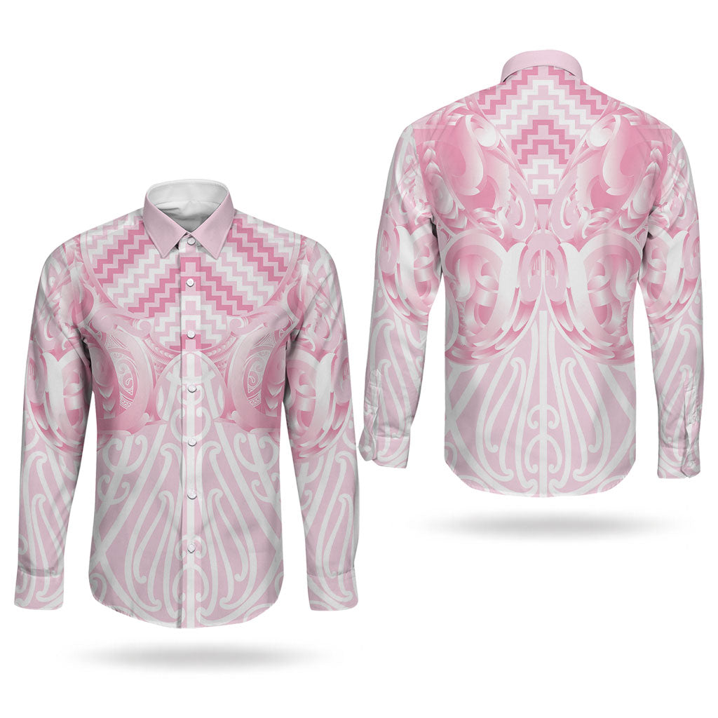 Aotearoa Kowhaiwhai Poutama Pink Motif Couples Matching Puletasi and Long Sleeve Button Shirt