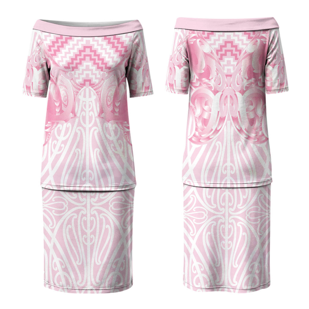Aotearoa Kowhaiwhai Poutama Pink Motif Couples Matching Puletasi and Long Sleeve Button Shirt