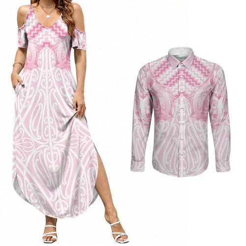 Aotearoa Kowhaiwhai Poutama Pink Motif Couples Matching Summer Maxi Dress and Long Sleeve Button Shirt