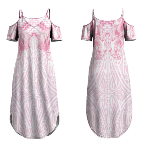 Aotearoa Kowhaiwhai Poutama Pink Motif Couples Matching Summer Maxi Dress and Long Sleeve Button Shirt