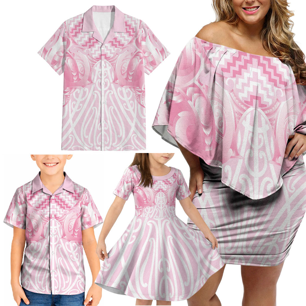 Aotearoa Kowhaiwhai Poutama Pink Motif Family Matching Off Shoulder Short Dress and Hawaiian Shirt