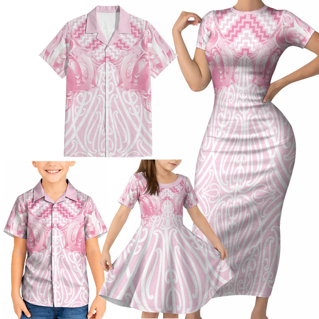 Aotearoa Kowhaiwhai Poutama Pink Motif Family Matching Short Sleeve Bodycon Dress and Hawaiian Shirt