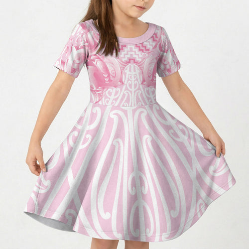 Aotearoa Kowhaiwhai Poutama Pink Motif Kid Short Sleeve Dress