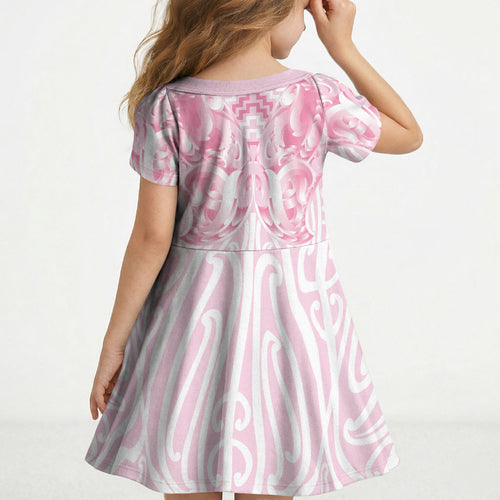 Aotearoa Kowhaiwhai Poutama Pink Motif Kid Short Sleeve Dress