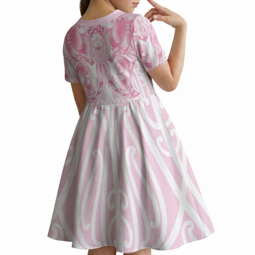 Aotearoa Kowhaiwhai Poutama Pink Motif Kid Short Sleeve Dress