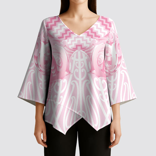 Aotearoa Kowhaiwhai Poutama Pink Motif Kimono Sleeve Blouse