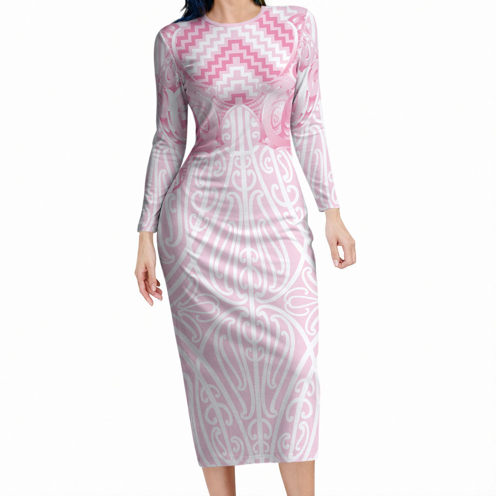 Aotearoa Kowhaiwhai Poutama Pink Motif Long Sleeve Bodycon Dress