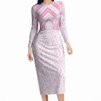 Aotearoa Kowhaiwhai Poutama Pink Motif Long Sleeve Bodycon Dress