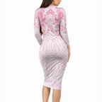 Aotearoa Kowhaiwhai Poutama Pink Motif Long Sleeve Bodycon Dress