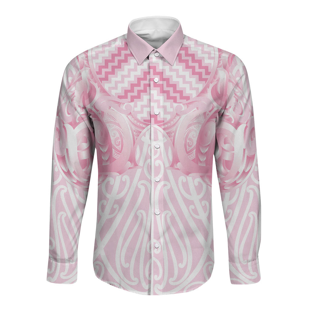 Aotearoa Kowhaiwhai Poutama Pink Motif Long Sleeve Button Shirt