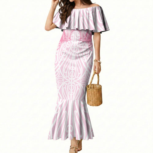 Aotearoa Kowhaiwhai Poutama Pink Motif Mermaid Dress