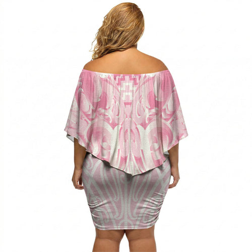 Aotearoa Kowhaiwhai Poutama Pink Motif Off Shoulder Short Dress