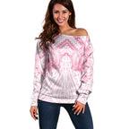 Aotearoa Kowhaiwhai Poutama Pink Motif Off Shoulder Sweater