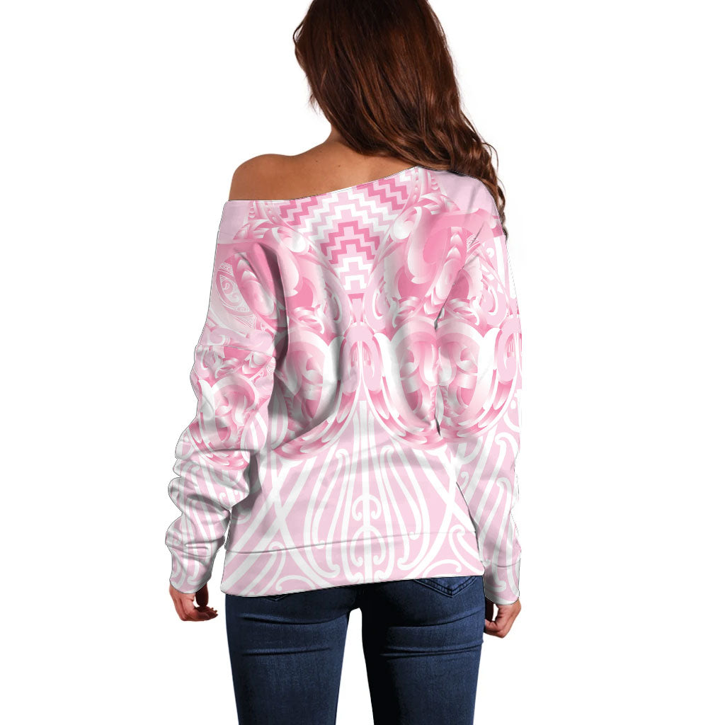 Aotearoa Kowhaiwhai Poutama Pink Motif Off Shoulder Sweater
