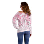Aotearoa Kowhaiwhai Poutama Pink Motif Off Shoulder Sweater