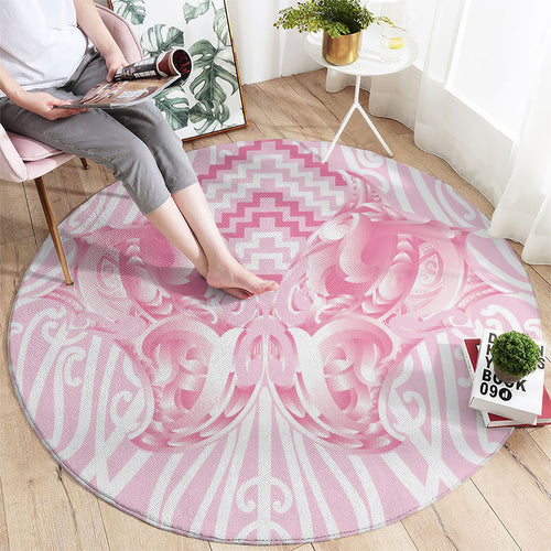 Aotearoa Kowhaiwhai Poutama Pink Motif Round Carpet