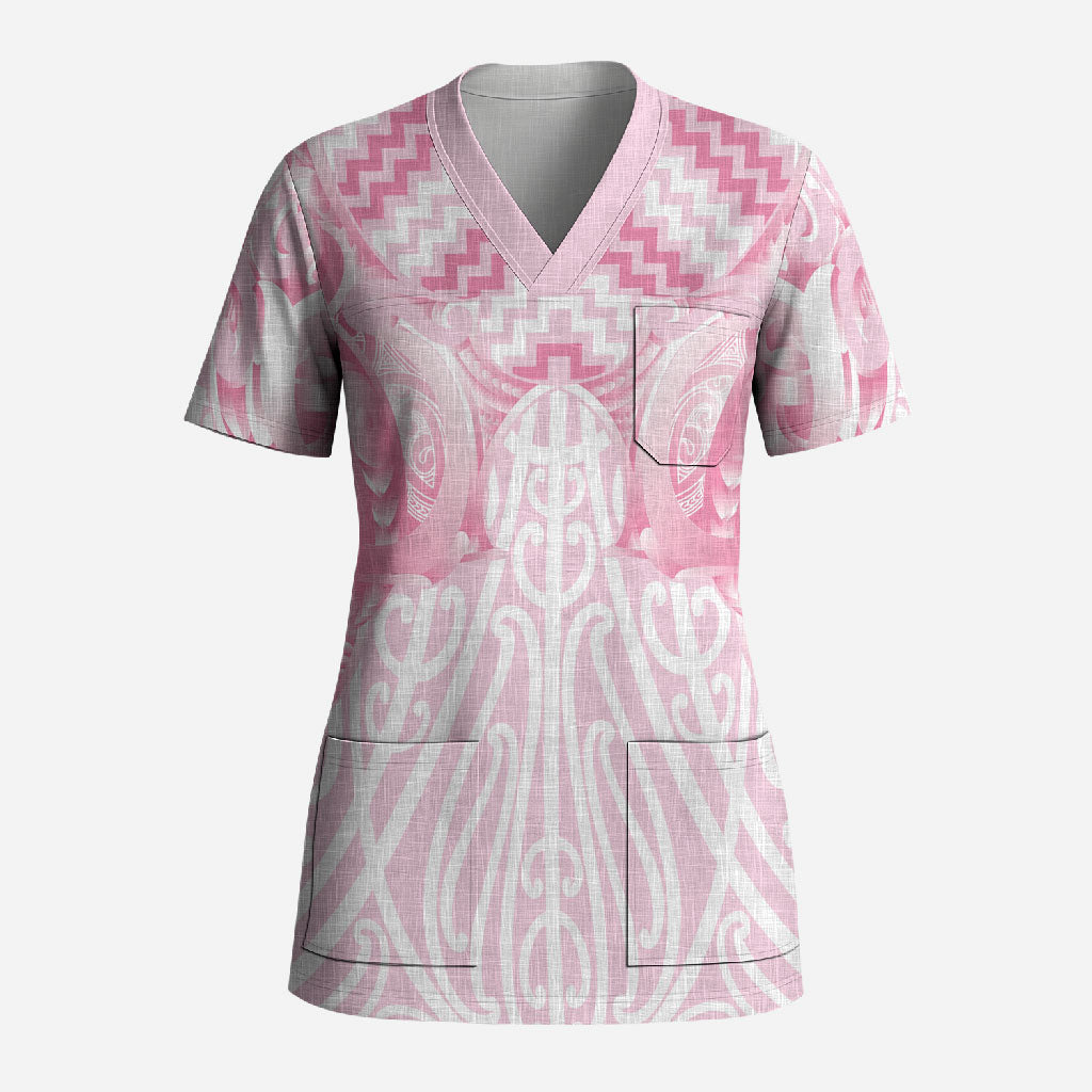 Aotearoa Kowhaiwhai Poutama Pink Motif Scrub Top