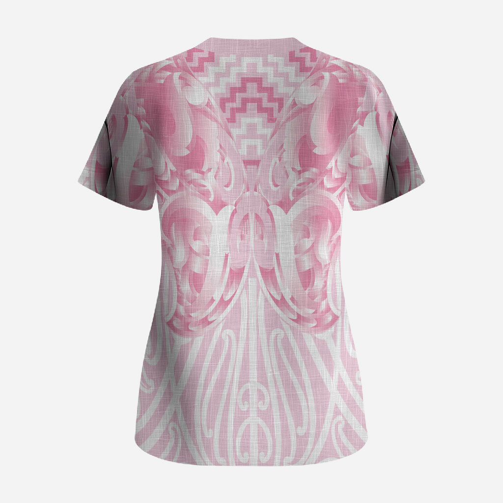 Aotearoa Kowhaiwhai Poutama Pink Motif Scrub Top