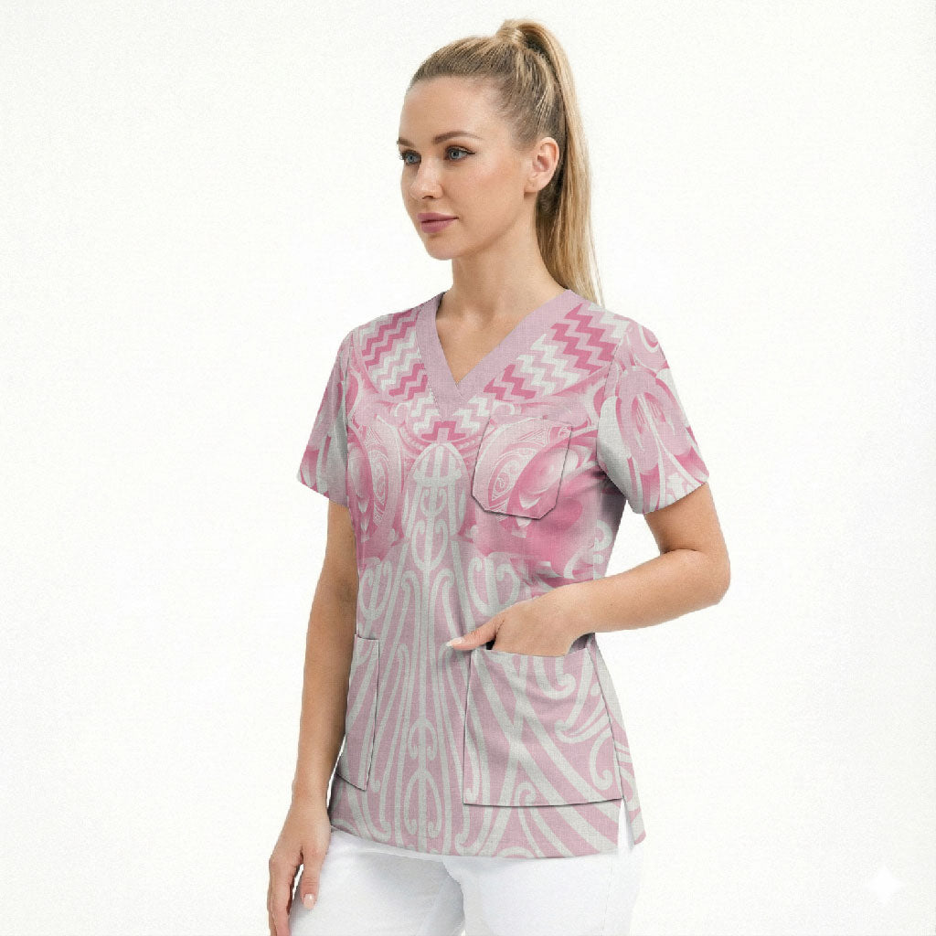 Aotearoa Kowhaiwhai Poutama Pink Motif Scrub Top