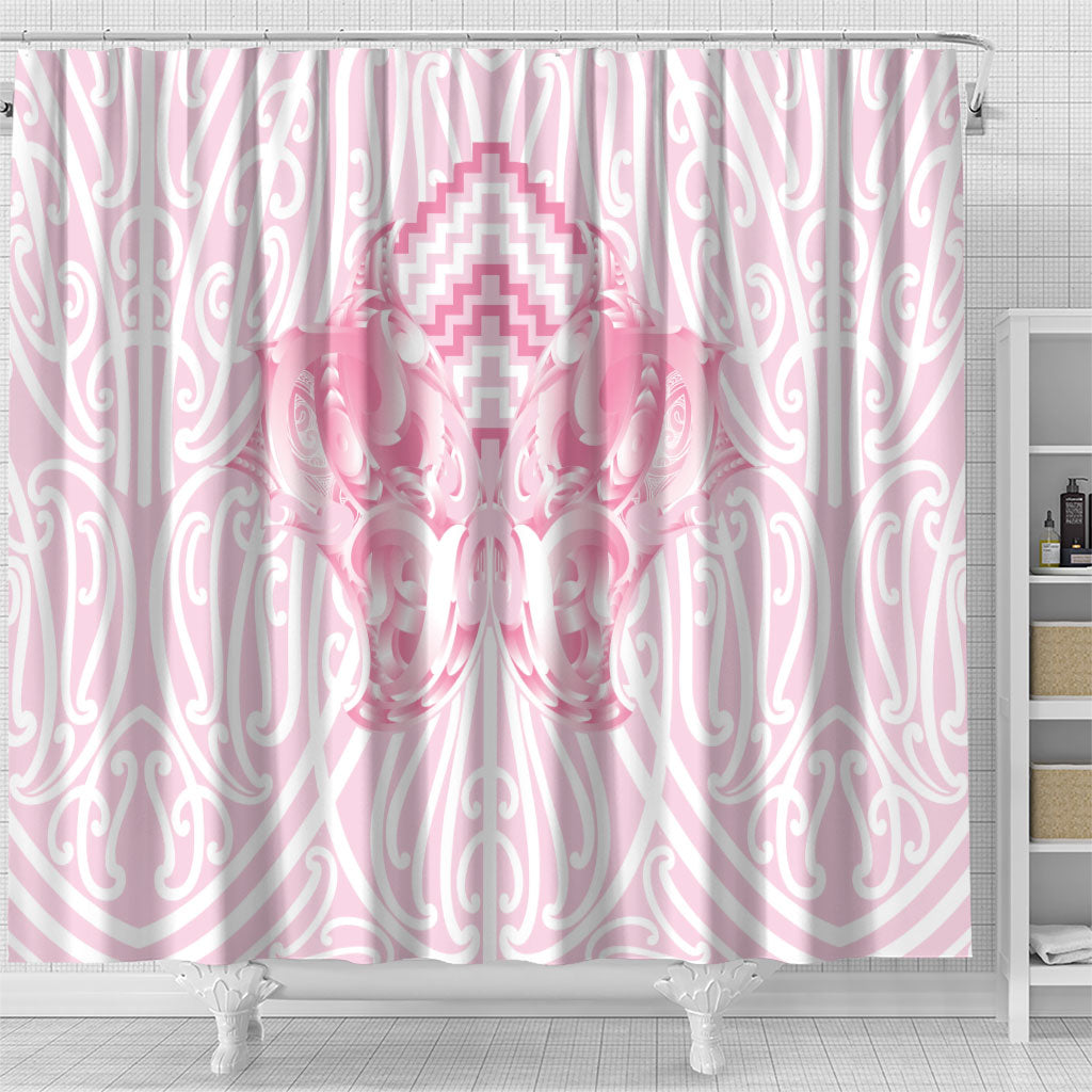 Aotearoa Kowhaiwhai Poutama Pink Motif Shower Curtain