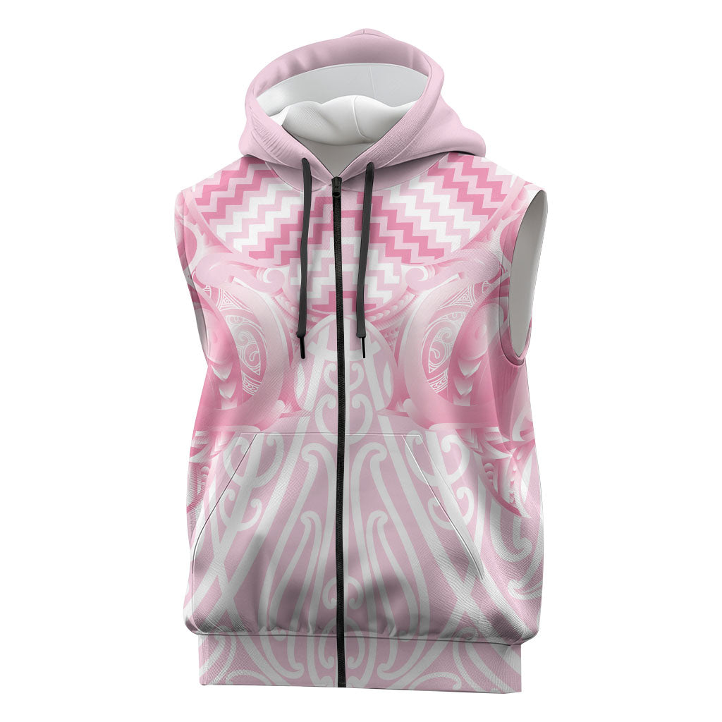 Aotearoa Kowhaiwhai Poutama Pink Motif Sleeveless Zip Hoodie