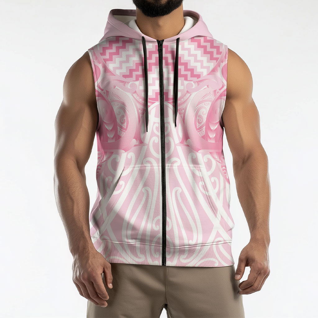 Aotearoa Kowhaiwhai Poutama Pink Motif Sleeveless Zip Hoodie