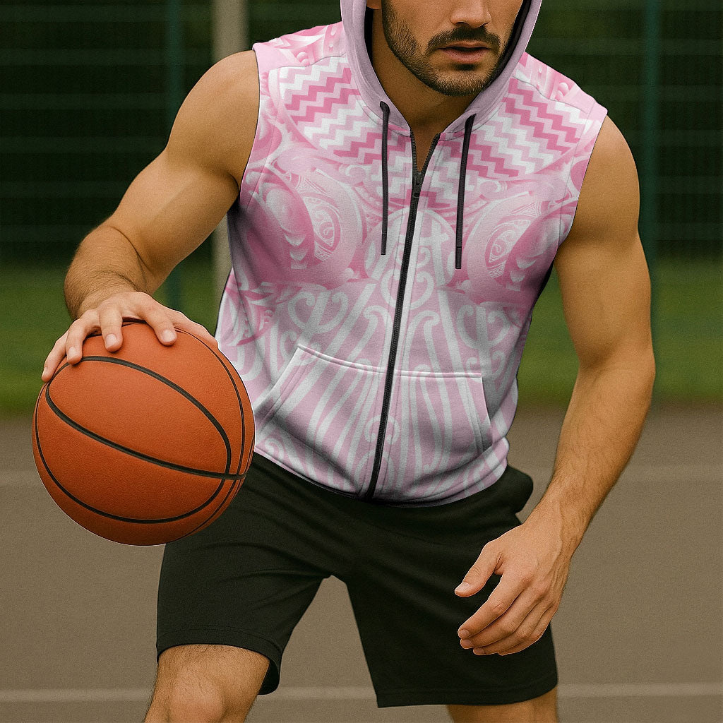 Aotearoa Kowhaiwhai Poutama Pink Motif Sleeveless Zip Hoodie