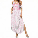 Aotearoa Kowhaiwhai Poutama Pink Motif Summer Maxi Dress
