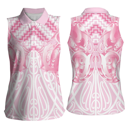 Aotearoa Kowhaiwhai Poutama Pink Motif Women Sleeveless Polo Shirt