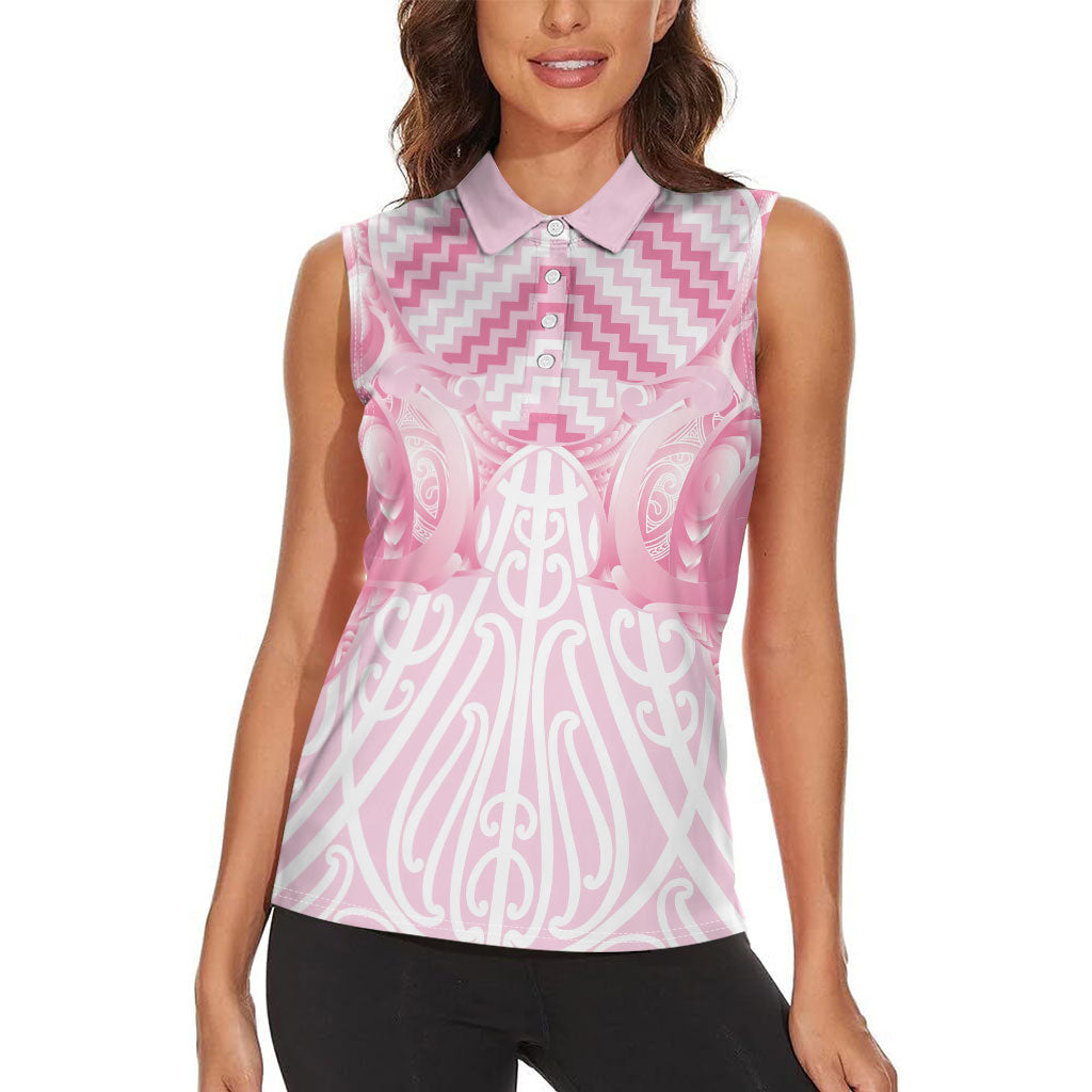 Aotearoa Kowhaiwhai Poutama Pink Motif Women Sleeveless Polo Shirt