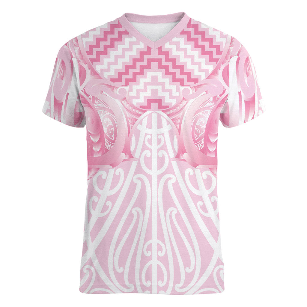 Aotearoa Kowhaiwhai Poutama Pink Motif Women V-Neck T-Shirt