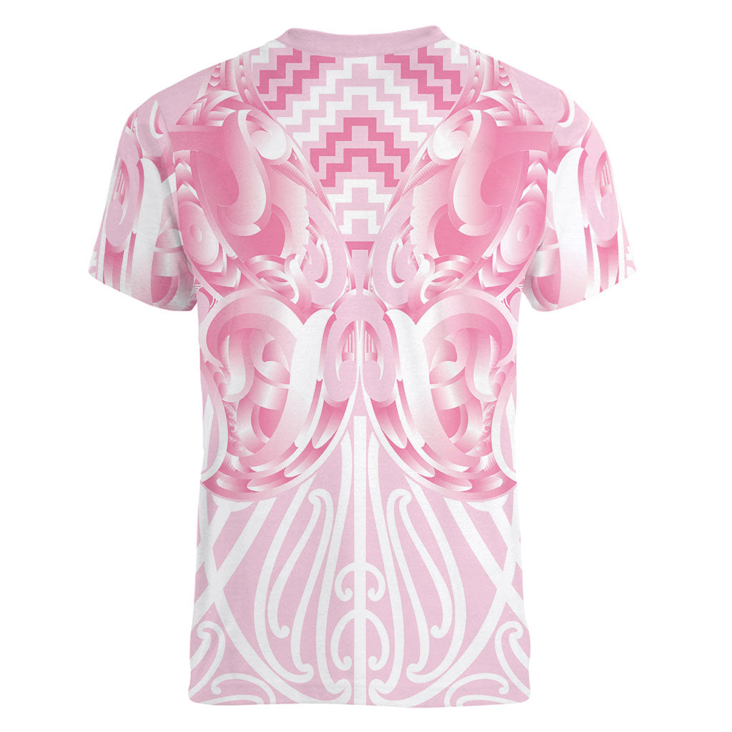 Aotearoa Kowhaiwhai Poutama Pink Motif Women V-Neck T-Shirt