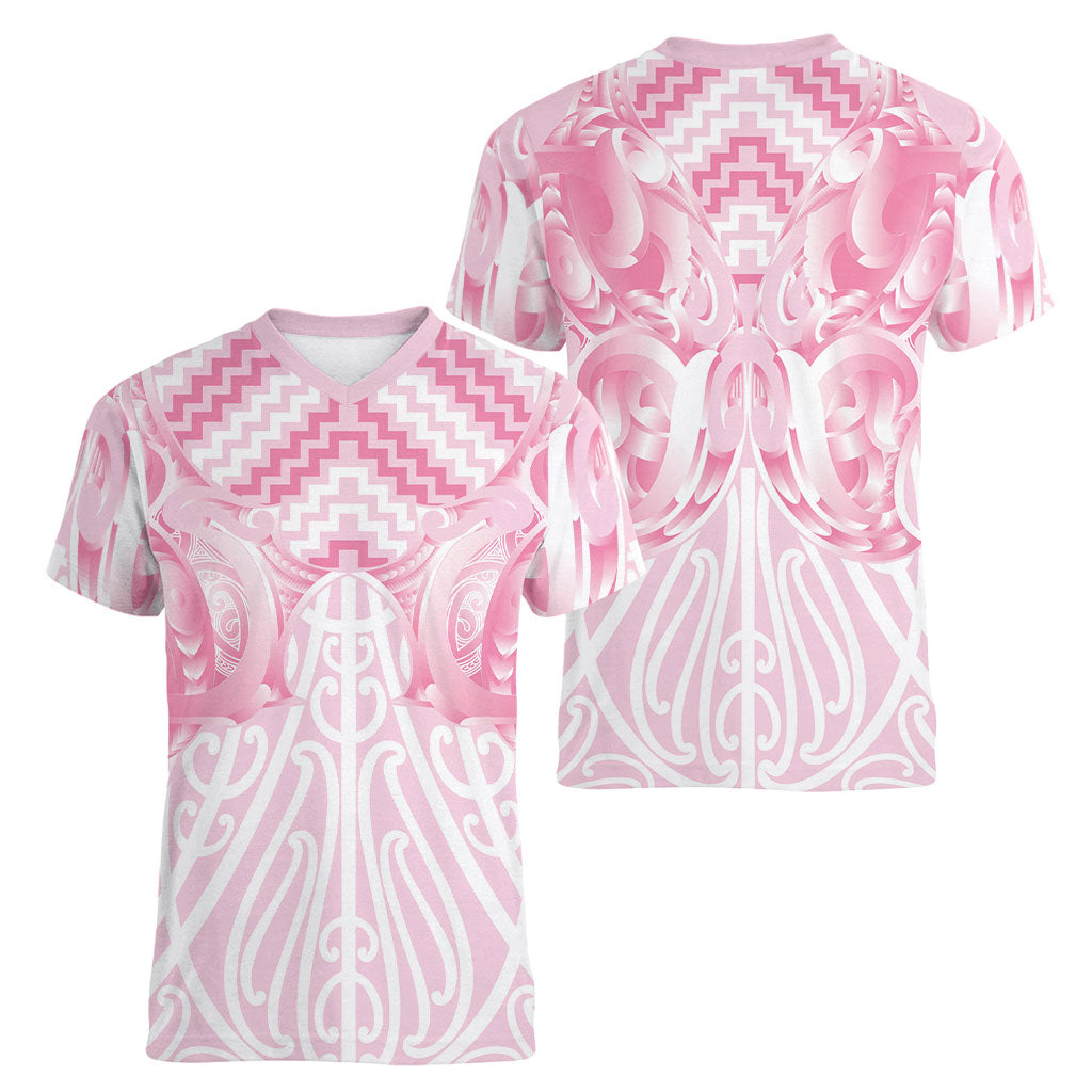 Aotearoa Kowhaiwhai Poutama Pink Motif Women V-Neck T-Shirt