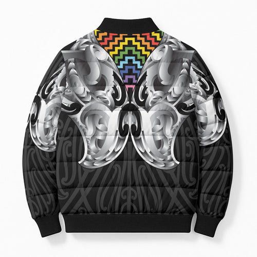 Aotearoa Kowhaiwhai Poutama Rainbow Motif Bomber Puffer Jacket