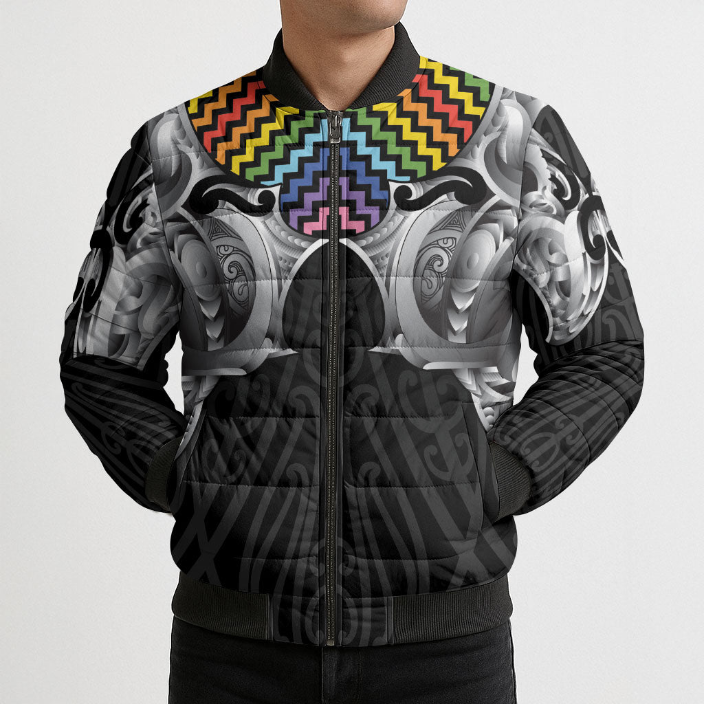 Aotearoa Kowhaiwhai Poutama Rainbow Motif Bomber Puffer Jacket