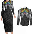 Aotearoa Kowhaiwhai Poutama Rainbow Motif Couples Matching Long Sleeve Bodycon Dress and Long Sleeve Button Shirt