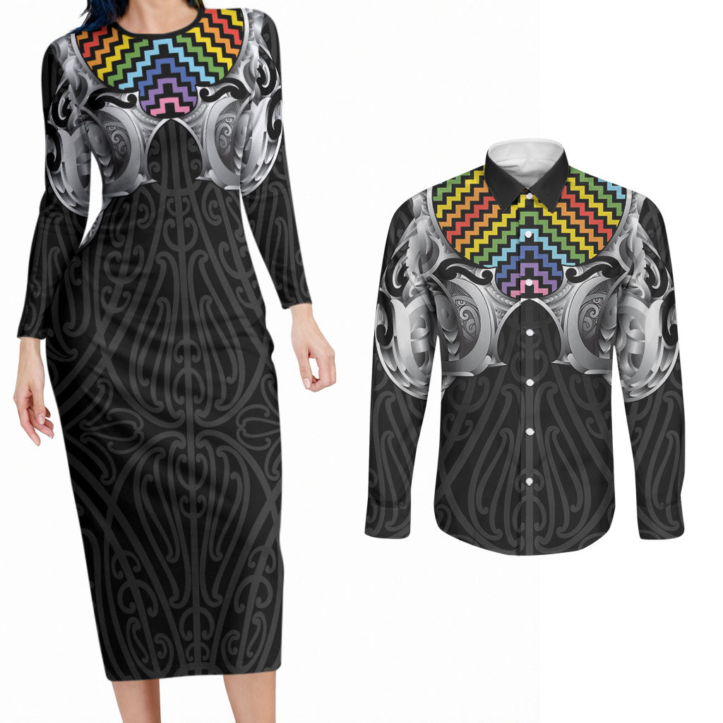 Aotearoa Kowhaiwhai Poutama Rainbow Motif Couples Matching Long Sleeve Bodycon Dress and Long Sleeve Button Shirt