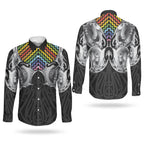Aotearoa Kowhaiwhai Poutama Rainbow Motif Couples Matching Long Sleeve Bodycon Dress and Long Sleeve Button Shirt