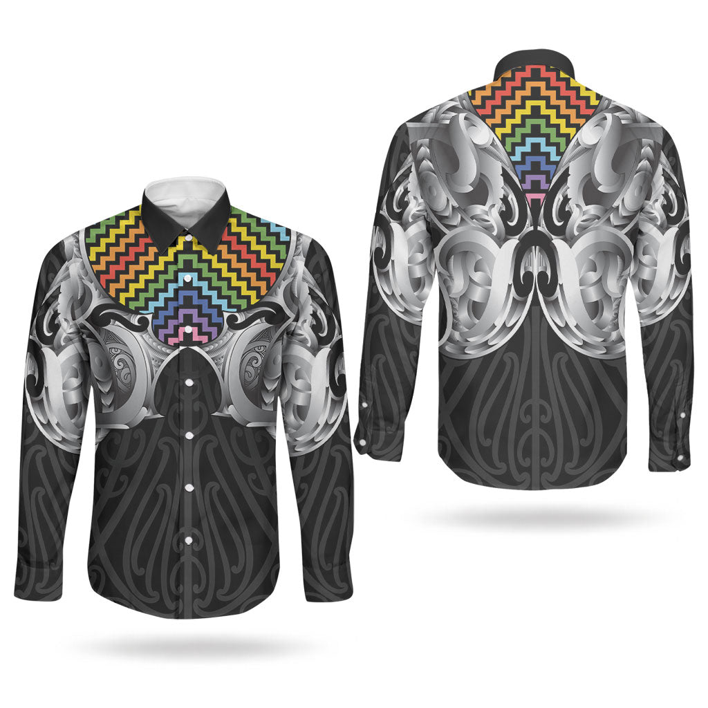 Aotearoa Kowhaiwhai Poutama Rainbow Motif Couples Matching Long Sleeve Bodycon Dress and Long Sleeve Button Shirt