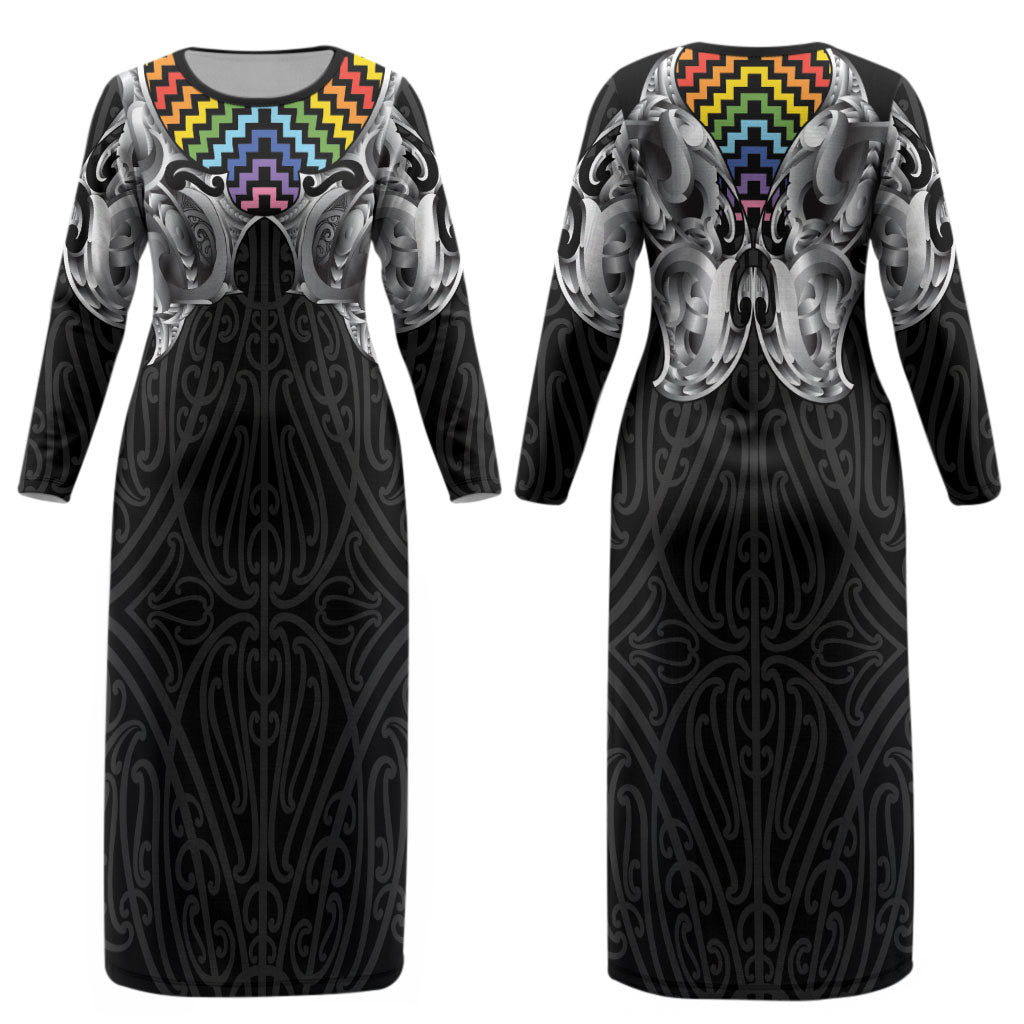 Aotearoa Kowhaiwhai Poutama Rainbow Motif Couples Matching Long Sleeve Bodycon Dress and Long Sleeve Button Shirt
