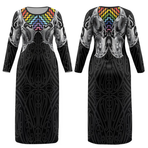 Aotearoa Kowhaiwhai Poutama Rainbow Motif Couples Matching Long Sleeve Bodycon Dress and Long Sleeve Button Shirt