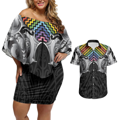 Aotearoa Kowhaiwhai Poutama Rainbow Motif Couples Matching Off Shoulder Short Dress and Hawaiian Shirt