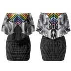 Aotearoa Kowhaiwhai Poutama Rainbow Motif Couples Matching Off Shoulder Short Dress and Hawaiian Shirt