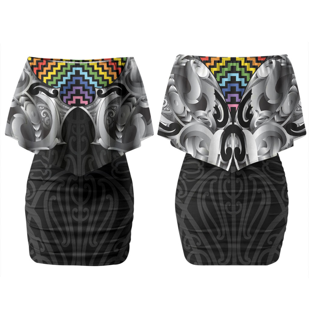 Aotearoa Kowhaiwhai Poutama Rainbow Motif Couples Matching Off Shoulder Short Dress and Hawaiian Shirt