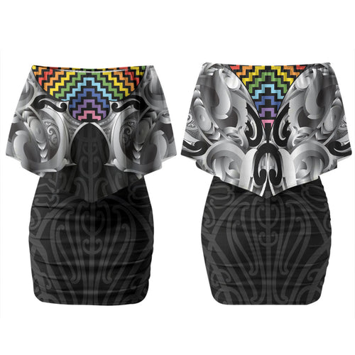 Aotearoa Kowhaiwhai Poutama Rainbow Motif Couples Matching Off Shoulder Short Dress and Hawaiian Shirt