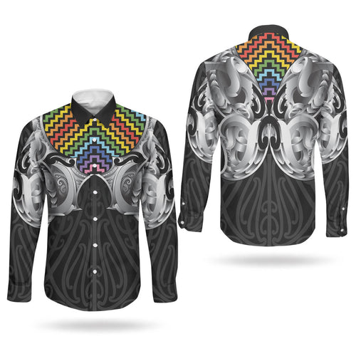 Aotearoa Kowhaiwhai Poutama Rainbow Motif Couples Matching Off The Shoulder Long Sleeve Dress and Long Sleeve Button Shirt